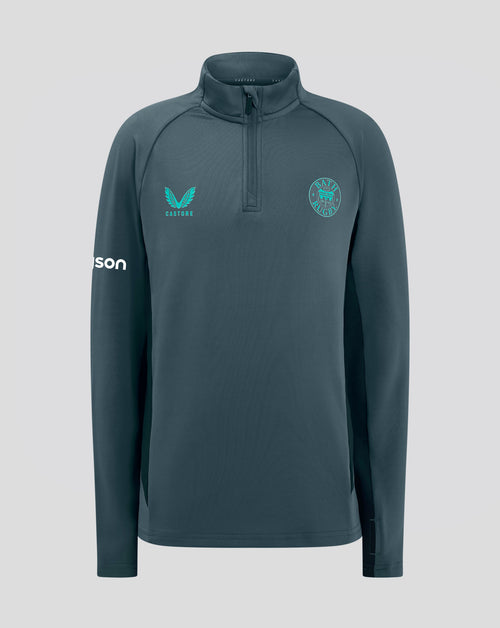 Close up of dark teal Bath Rugby quarter zip top with high collar and left chest Castore logo and right chest Bath Rugby crest
