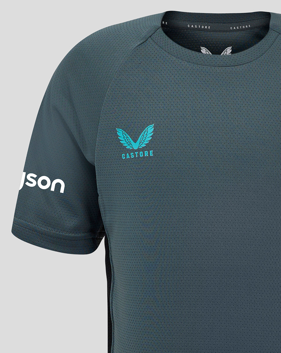 Front close-up of Bath Rugby Junior training T shirt with turquoise Castore logo on left chest