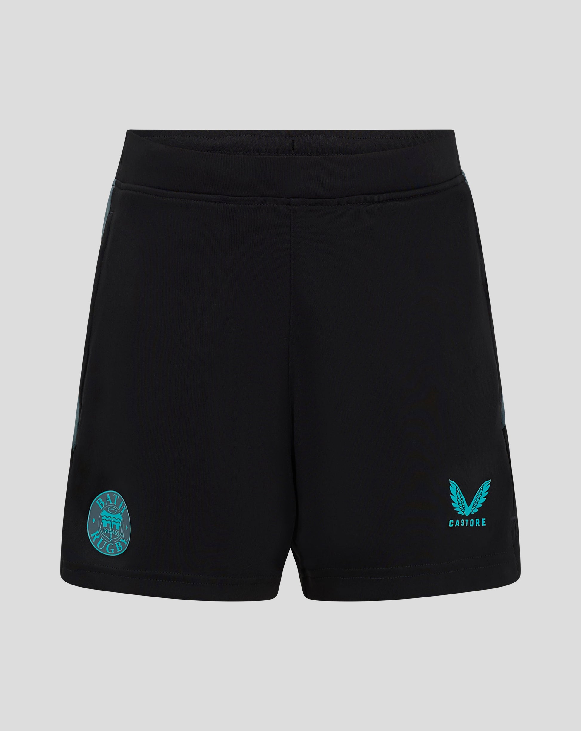 Front view of black Bath Rugby gym shorts with teal crest on left leg and Castore logo on right