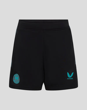 Front view of black Bath Rugby gym shorts with teal crest on left leg and Castore logo on right