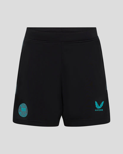 Front view of black Bath Rugby gym shorts with teal crest on left leg and Castore logo on right