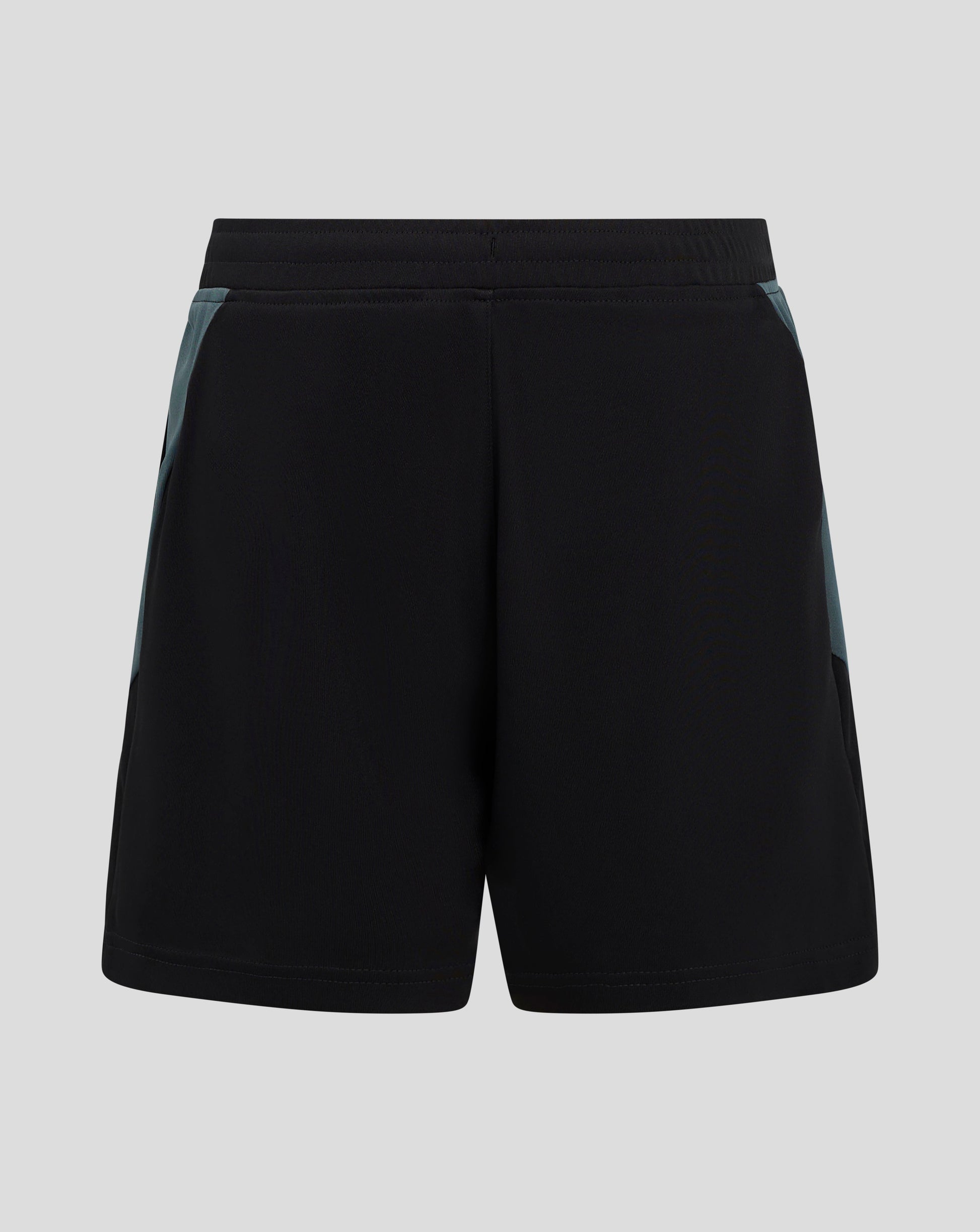 Back view of Bath Rugby Junior shorts showing black fabric with teal side panels