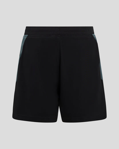 Back view of Bath Rugby Junior shorts showing black fabric with teal side panels