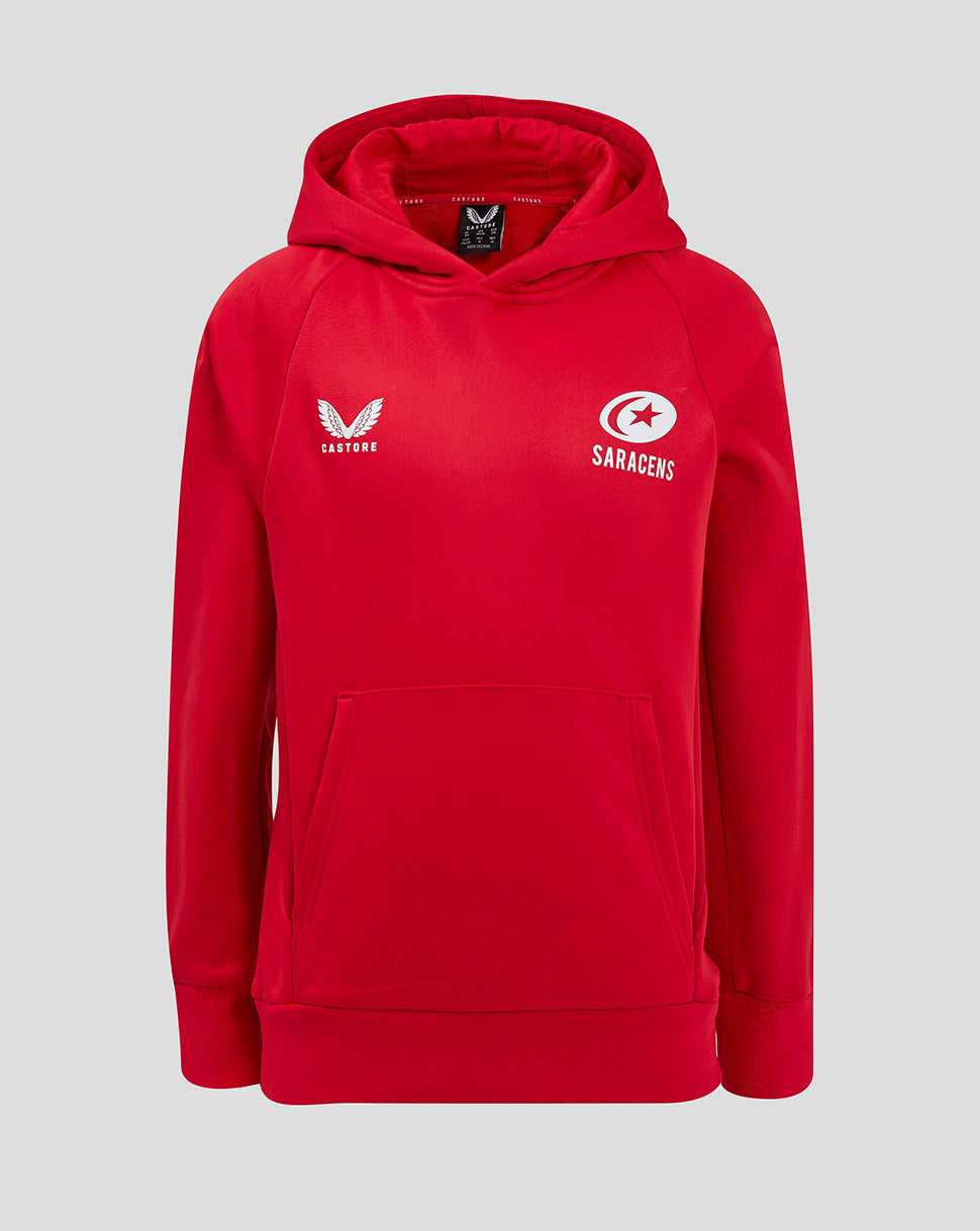 Red Saracens junior training overhead hoody front view with Castore logo on left chest and Saracens emblem on right.