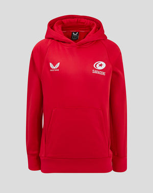 Red Saracens junior training overhead hoody front view with Castore logo on left chest and Saracens emblem on right.