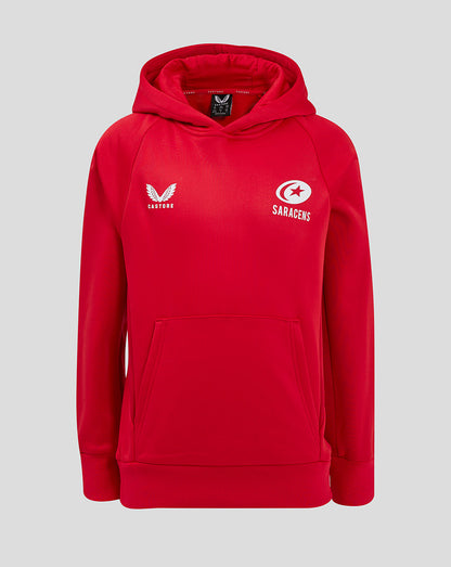 Red Saracens junior training overhead hoody front view with Castore logo on left chest and Saracens emblem on right.