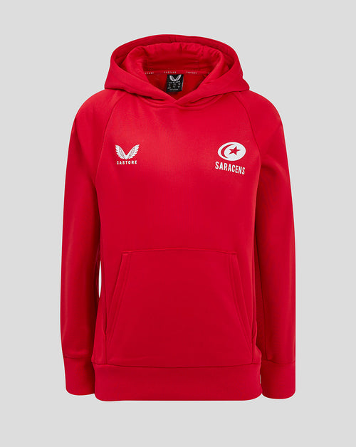Red Saracens junior training overhead hoody front view with Castore logo on left chest and Saracens emblem on right.