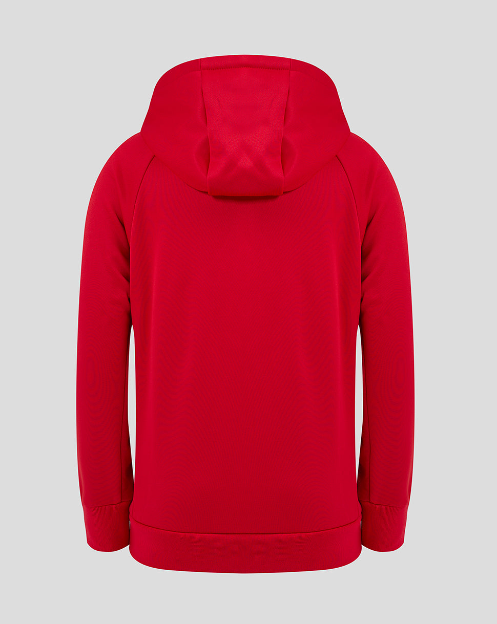 Red Saracens junior training overhead hoodie viewed from the back with the hood up