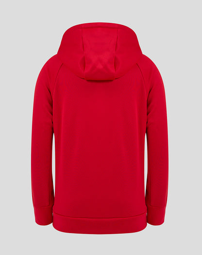 Red Saracens junior training overhead hoodie viewed from the back with the hood up