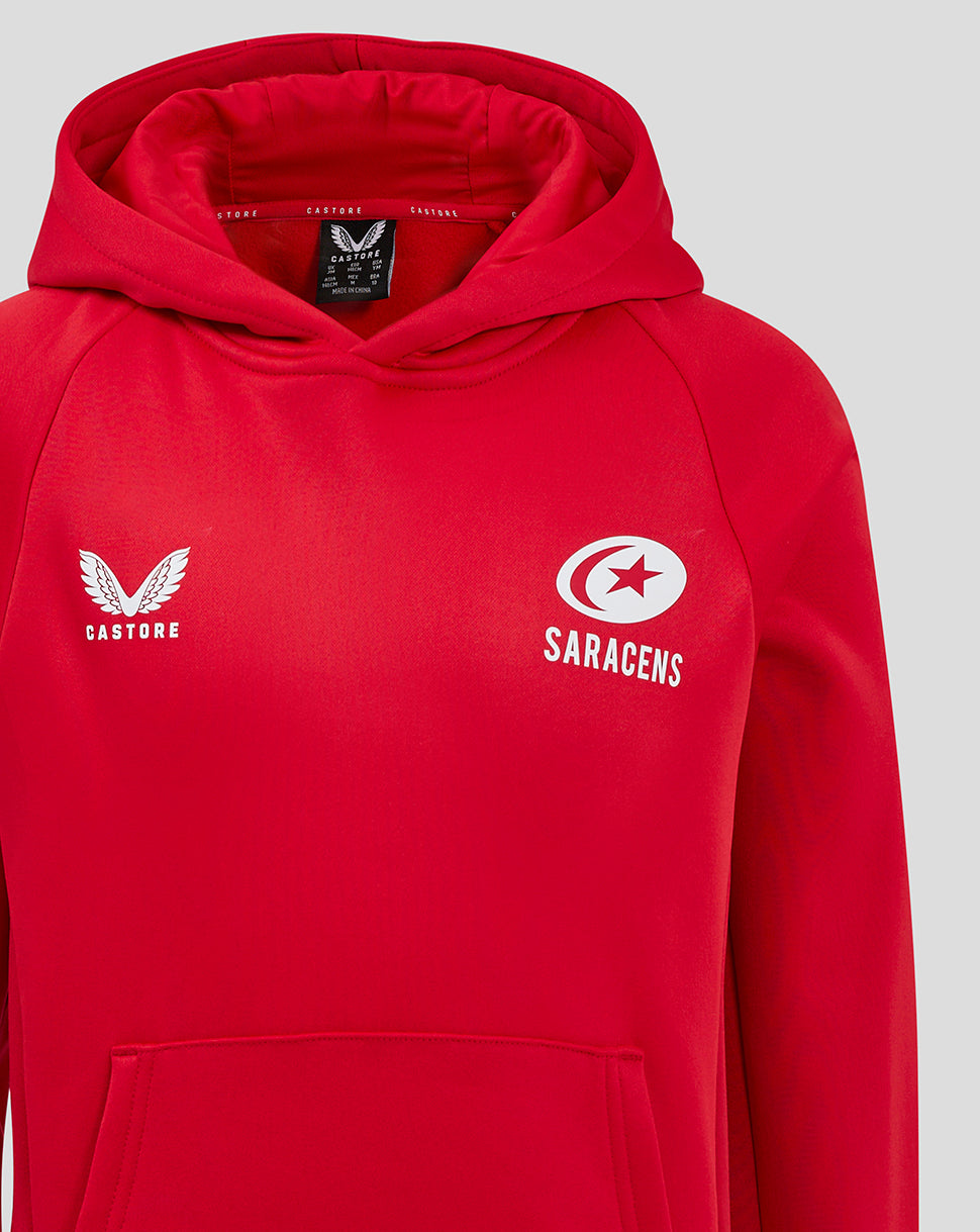 Close up of red hoodie showing hood and chest logos with Castore on left and Saracens on right.