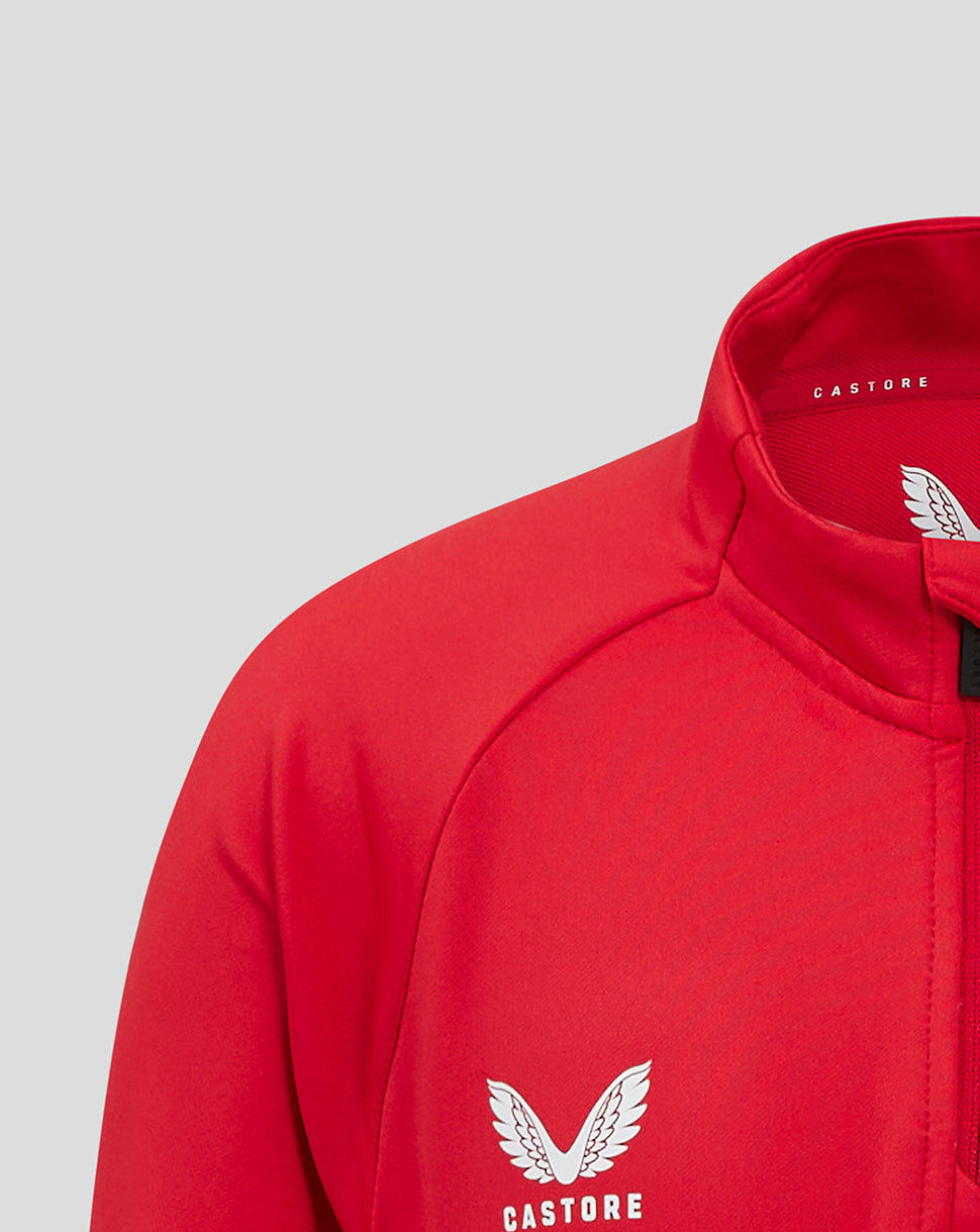 Red Saracens junior training quarter zip jacket with white wing logo on the chest