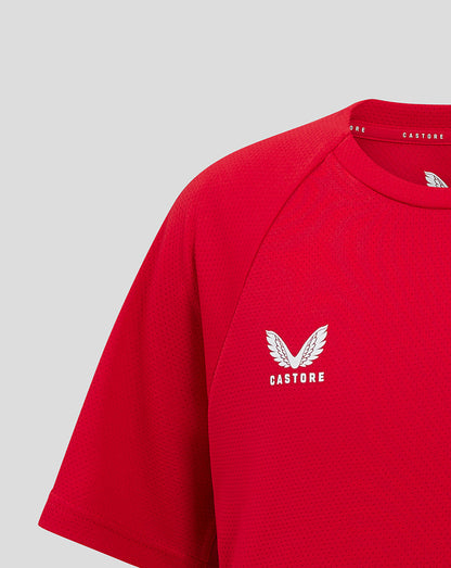 Red Saracens junior training tee close up showing white wing logo on chest