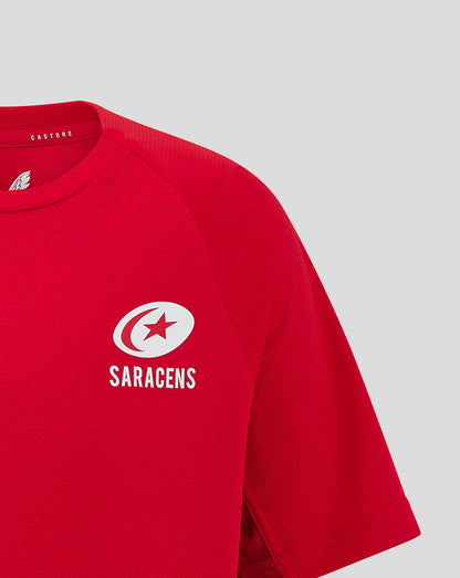 Close-up of red Saracens junior training tee showing chest logo