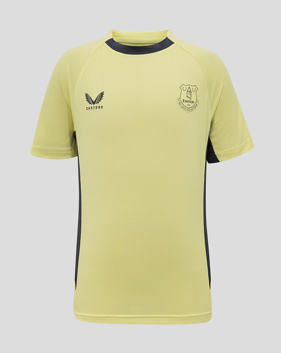 Front view of pale yellow Everton junior training tee with navy side panels, Castore logo on the right chest and club crest on the left chest.
