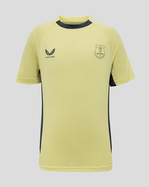 Front view of pale yellow Everton junior training tee with navy side panels, Castore logo on the right chest and club crest on the left chest.