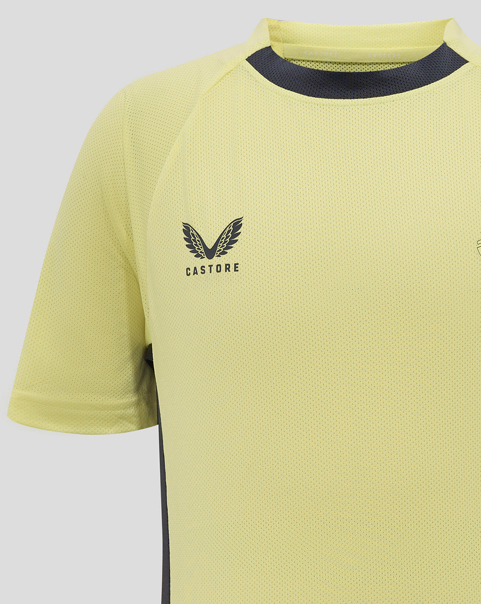 Everton junior training tee in pale yellow with navy collar and Castore logo on chest
