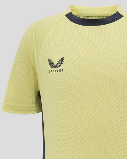 Everton junior training tee in pale yellow with navy collar and Castore logo on chest