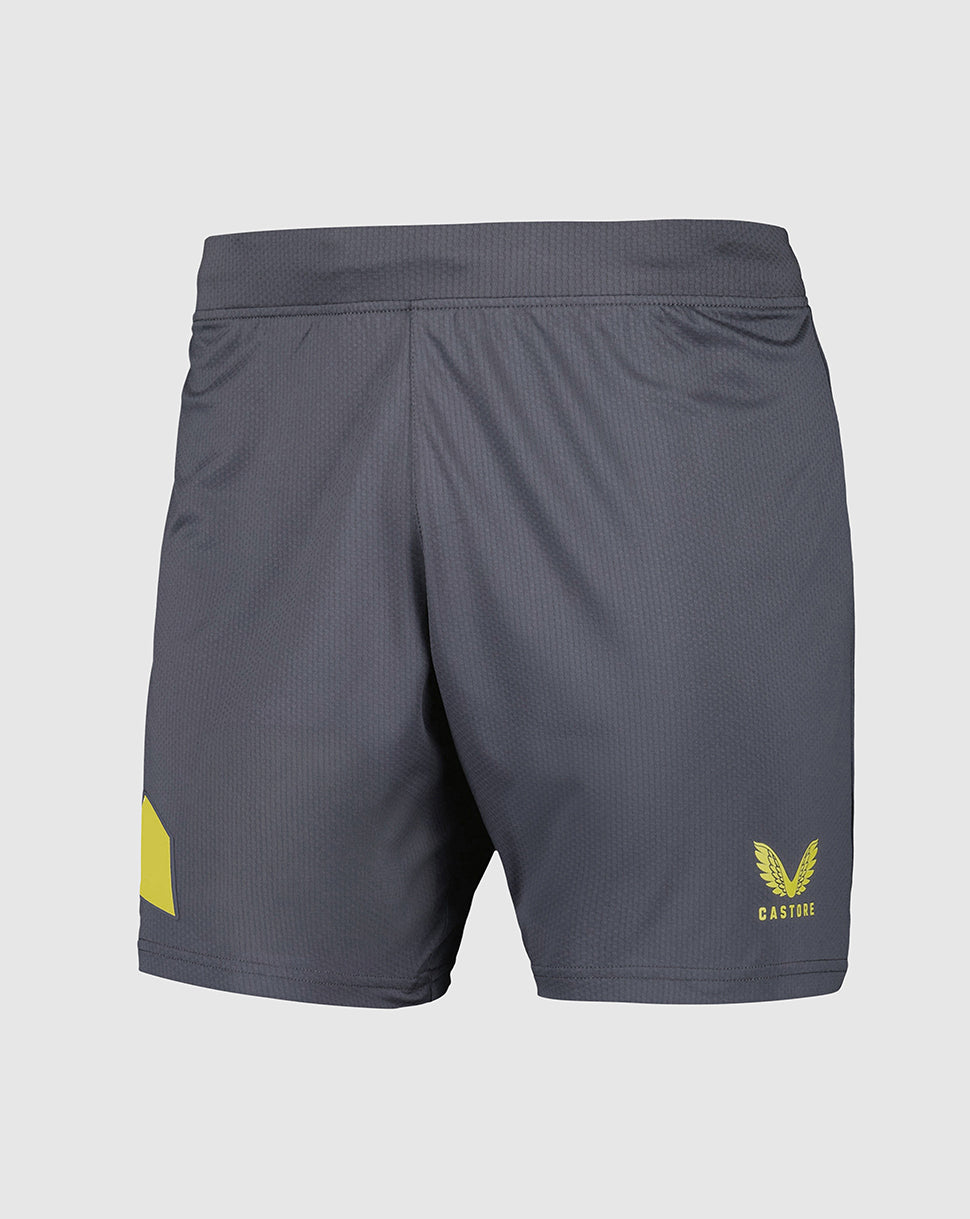 Junior Everton Away Shorts in dark navy with alternative crest on right thigh and yellow Castore logo on left thigh
