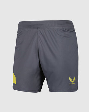 Junior Everton Away Shorts in dark navy with alternative crest on right thigh and yellow Castore logo on left thigh