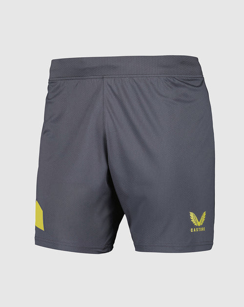 Junior Everton Away Shorts in dark navy with alternative crest on right thigh and yellow Castore logo on left thigh