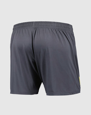 Back view of Everton Junior Away Shorts in dark navy with elastic waistband and small yellow Castore logo on leg