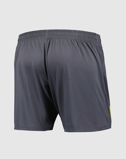 Back view of Everton Junior Away Shorts in dark navy with elastic waistband and small yellow Castore logo on leg