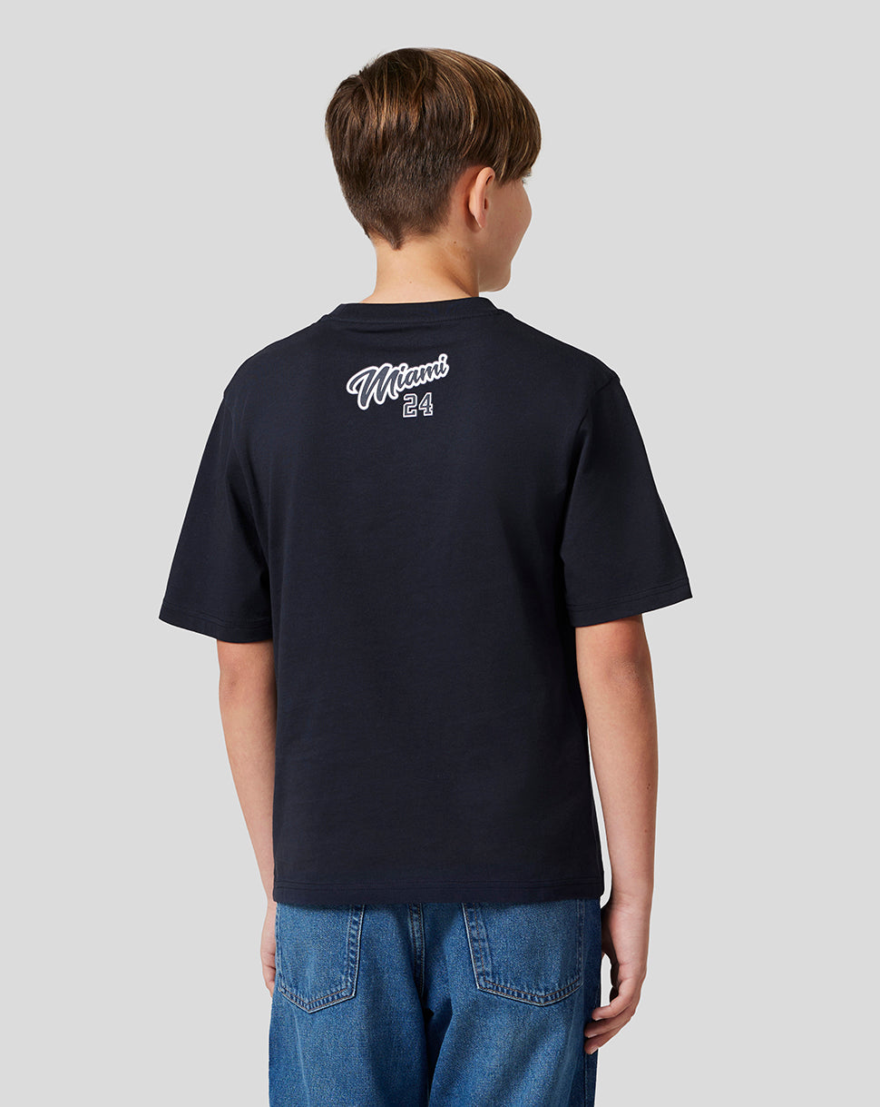 Back view of navy Miami T shirt with white Miami script and the number 24 on the upper back.