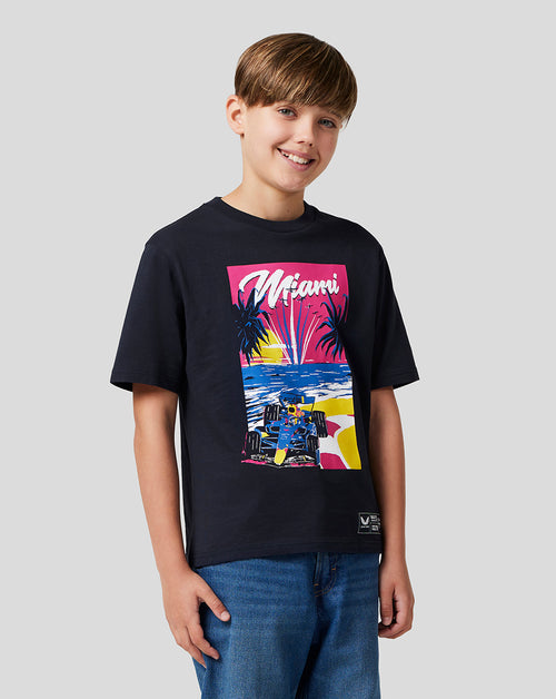 Junior Miami graphic T shirt with vibrant front print featuring a palm scene and a race car