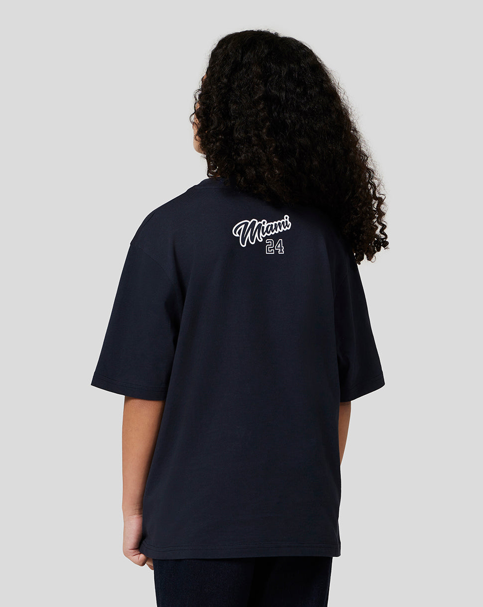 Back of navy Miami T shirt with white Miami script and 24 on the upper back.