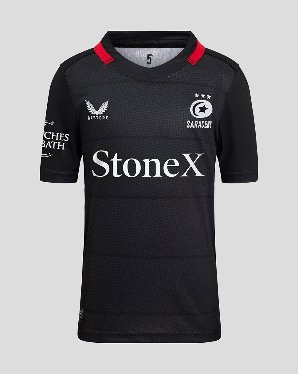 Saracens Junior 24/25 Home Shirt in black with subtle pattern left chest crest and StoneX across front