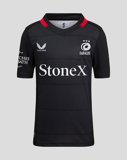 Saracens Junior 24/25 Home Shirt in black with subtle pattern left chest crest and StoneX across front
