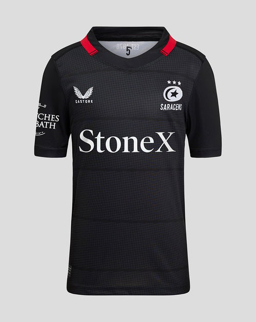 Saracens Junior 24/25 Home Shirt in black with subtle pattern left chest crest and StoneX across front