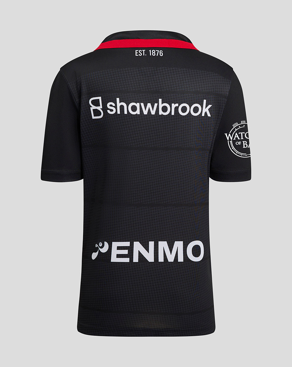 Back view of Saracens Junior 24/25 home shirt in dark navy with red collar, shawbrook across back and ENMO at the hem.