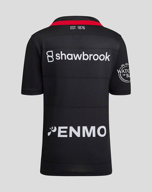 Back view of Saracens Junior 24/25 home shirt in dark navy with red collar, shawbrook across back and ENMO at the hem.