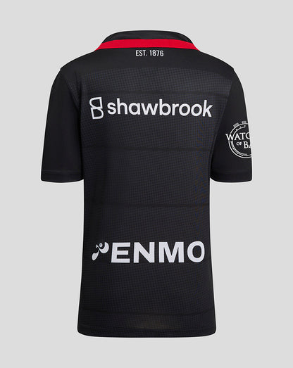 Back view of Saracens Junior 24/25 home shirt in dark navy with red collar, shawbrook across back and ENMO at the hem.