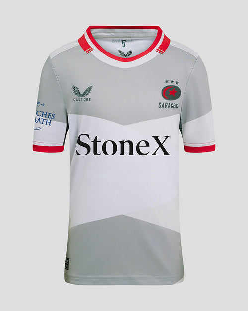 Front view of Saracens Junior Away Shirt 24/25 in grey and white with red trim and StoneX sponsor across chest