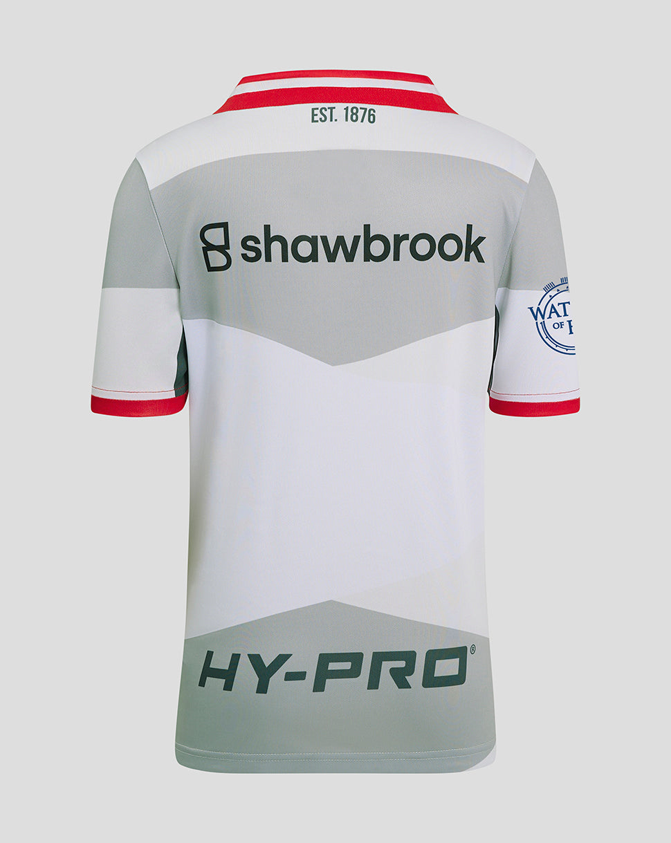 Back view of Saracens Junior Away Shirt 24/25 with shawbrook across the upper back and HY-PRO logo at the hem