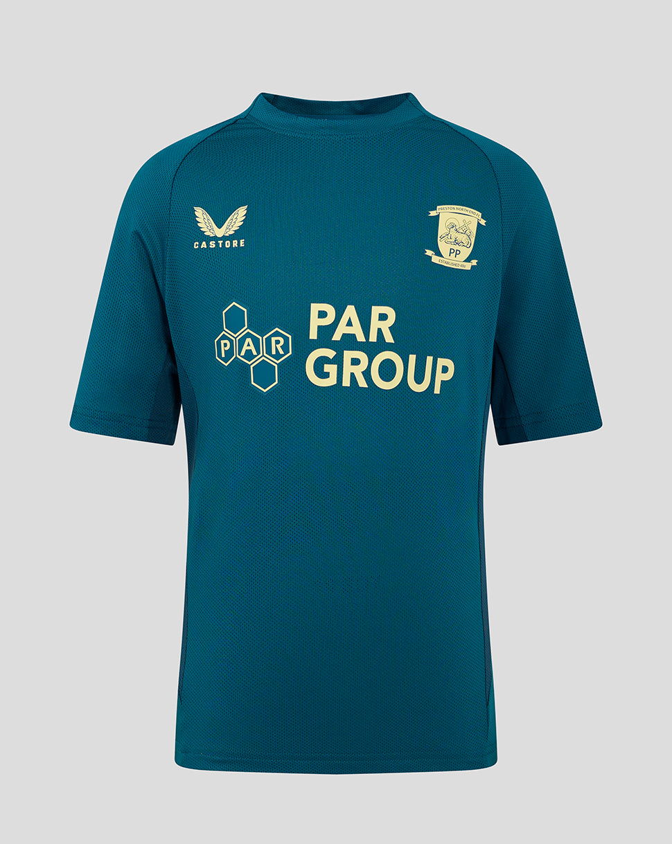Front view of teal Preston Junior training T shirt with large PAR GROUP logo across the chest and crest on the left chest