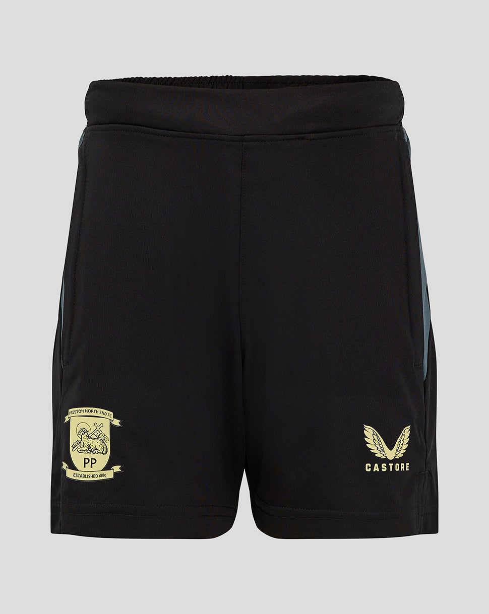 Preston junior black training shorts with crest patch on the left and gold Castore logo on the right leg.