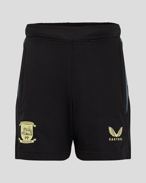 Preston junior black training shorts with crest patch on the left and gold Castore logo on the right leg.