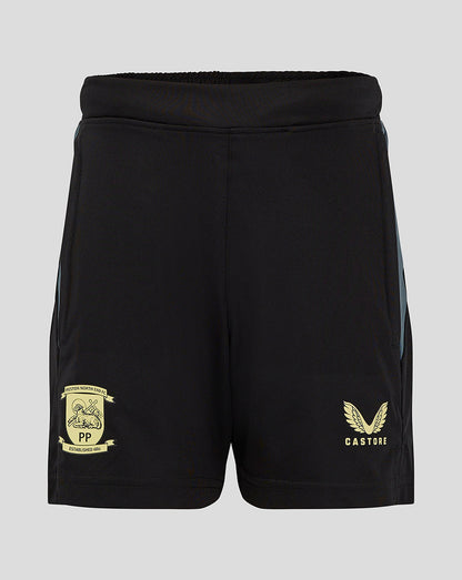 Preston junior black training shorts with crest patch on the left and gold Castore logo on the right leg.