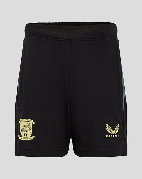 Preston junior black training shorts with crest patch on the left and gold Castore logo on the right leg.