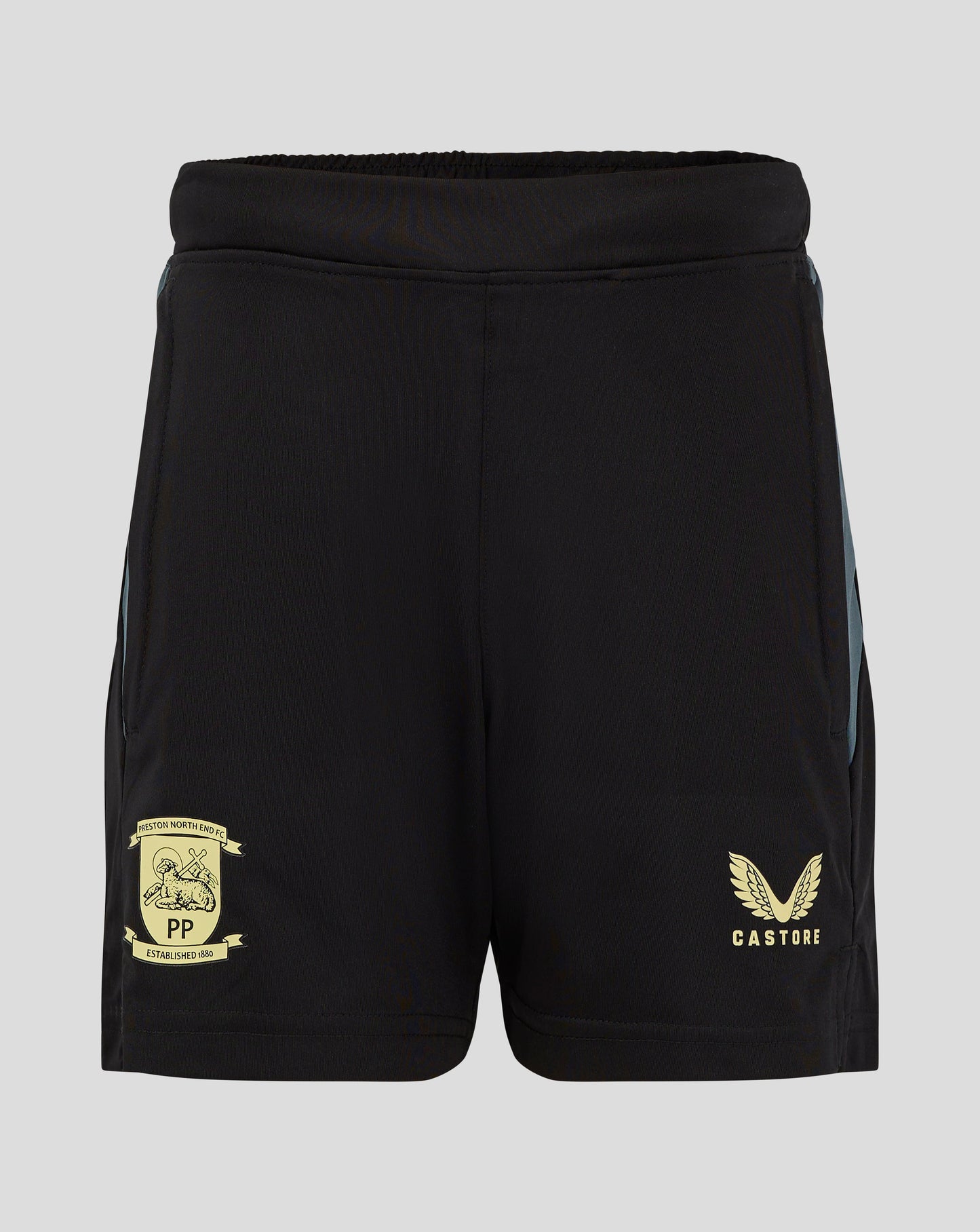Back view of black Preston shorts with teal side panels crest on left leg Castore emblem on right leg