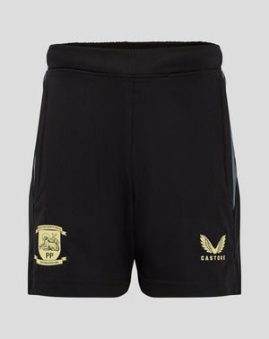 Back view of black Preston shorts with teal side panels crest on left leg Castore emblem on right leg