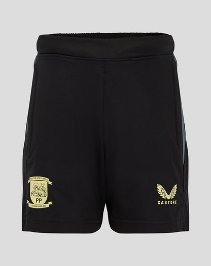 Back view of black Preston shorts with teal side panels crest on left leg Castore emblem on right leg