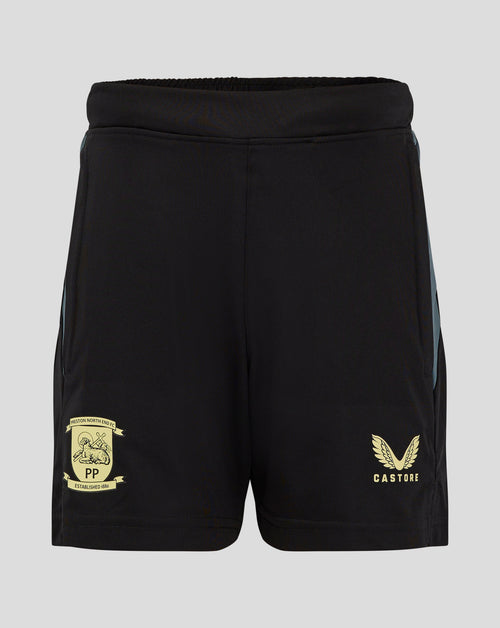 Back view of black Preston shorts with teal side panels crest on left leg Castore emblem on right leg