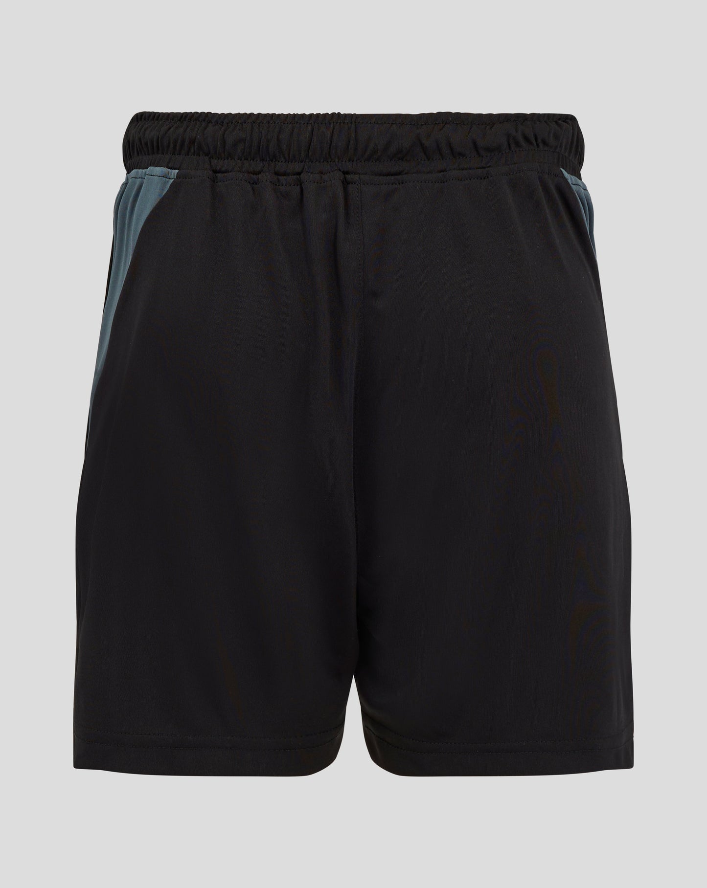 Front view of black Preston shorts with teal side panels and pockets crest on left leg Castore emblem on right leg