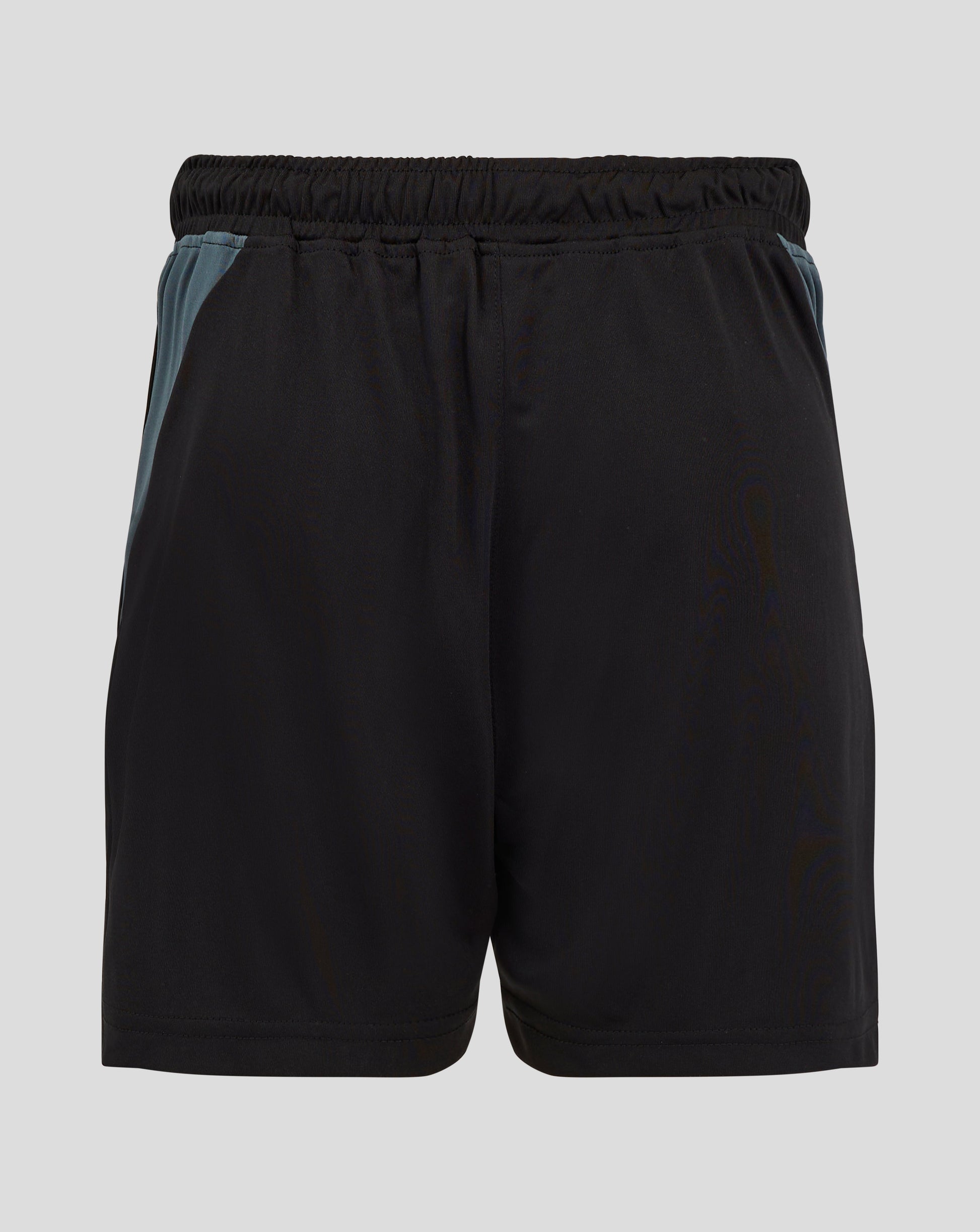 Front view of black Preston shorts with teal side panels and pockets crest on left leg Castore emblem on right leg