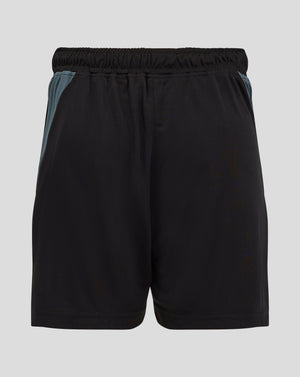 Front view of black Preston shorts with teal side panels and pockets crest on left leg Castore emblem on right leg