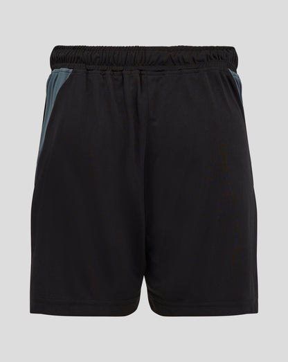 Front view of black Preston shorts with teal side panels and pockets crest on left leg Castore emblem on right leg
